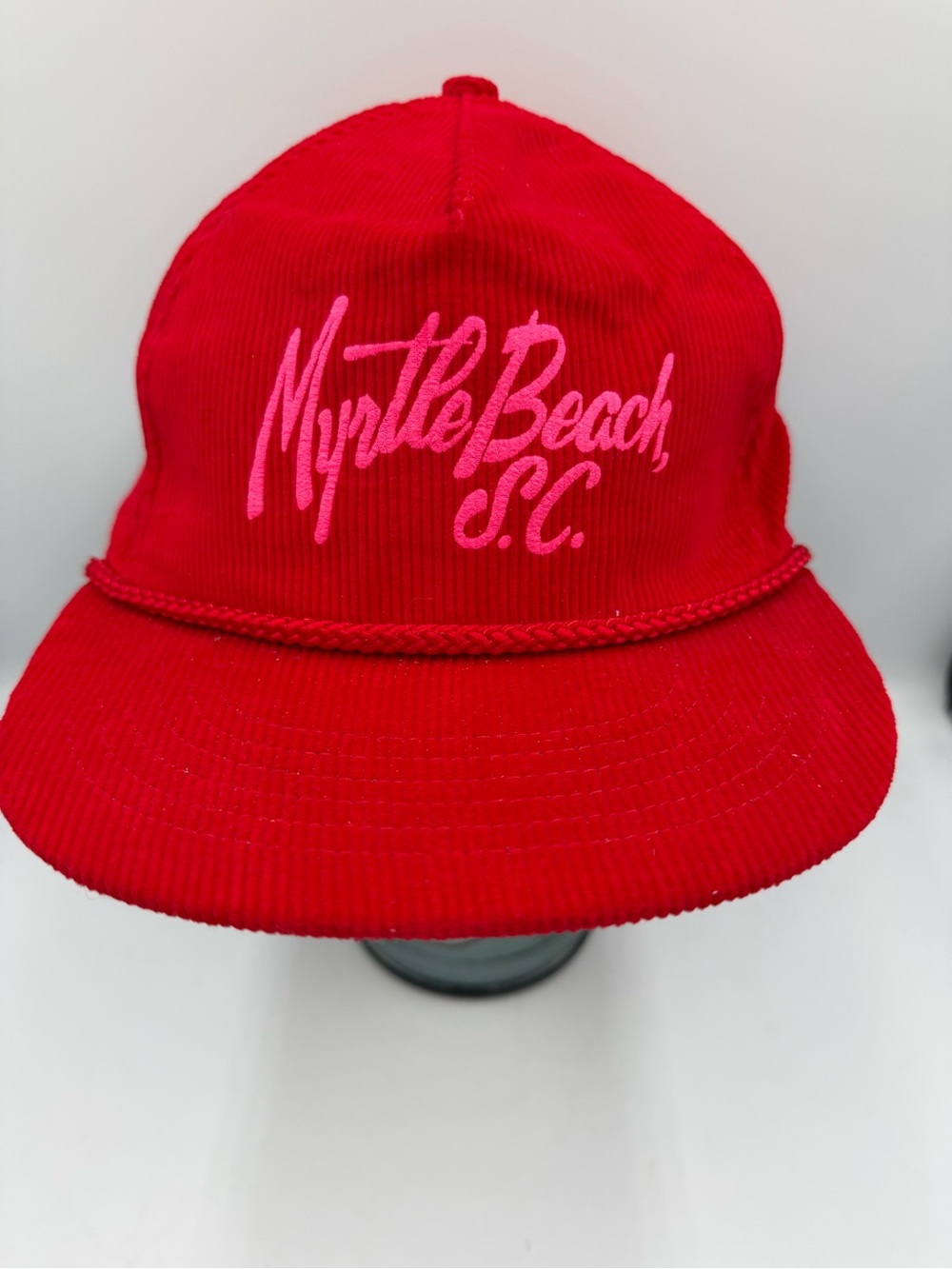 Vintage Myrtle Beach SC Red Corduroy Trucker Hat SnapBackRetro